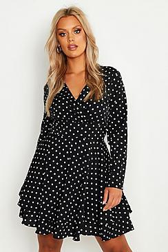 Boohoo Plus Polka Dot Plunge Frill Skater Dress