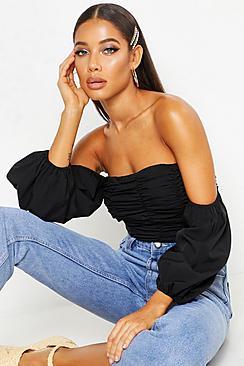 Boohoo Ruched Volume Sleeve Crop Top