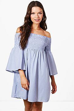 Boohoo Katie Stripe Off Shoulder Sun Dress