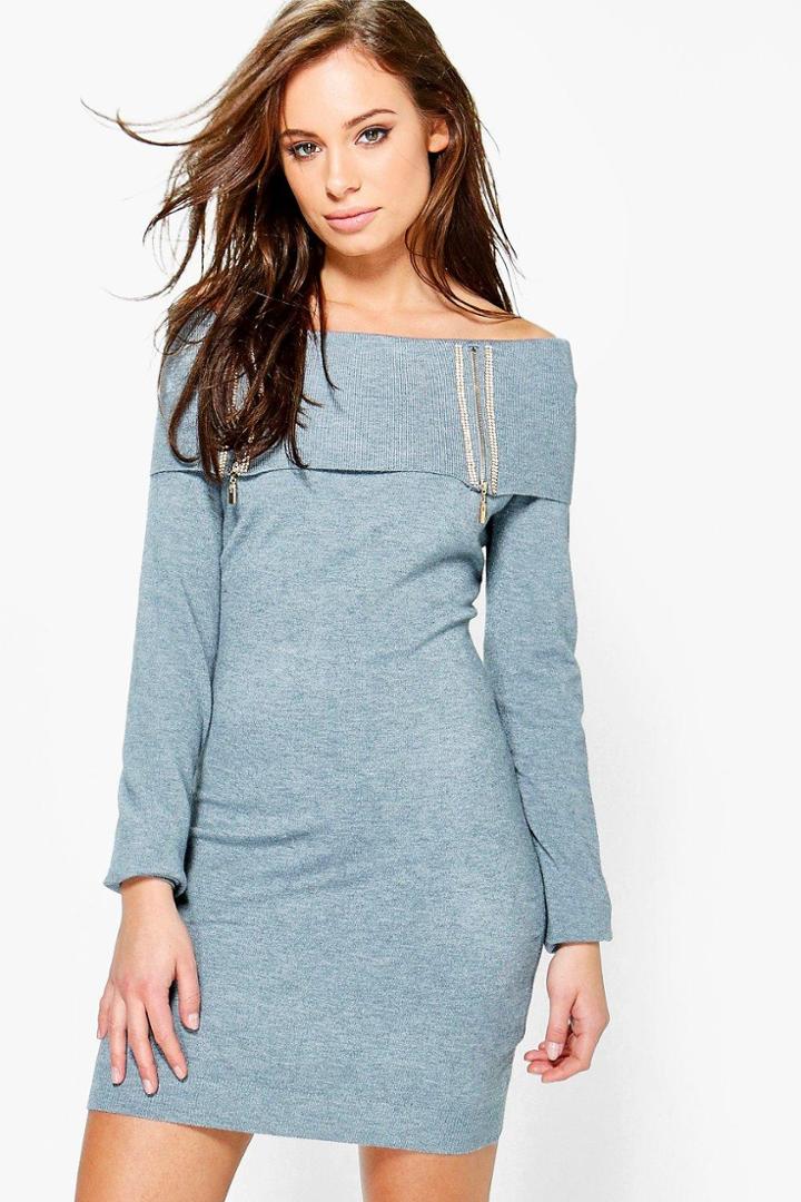 Boohoo Poppy Diamante Zip Neck Bardot Jumper Dress Grey
