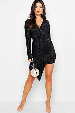 Boohoo Long Sleeve Plisse Wrap Ring Detail Midi Dress