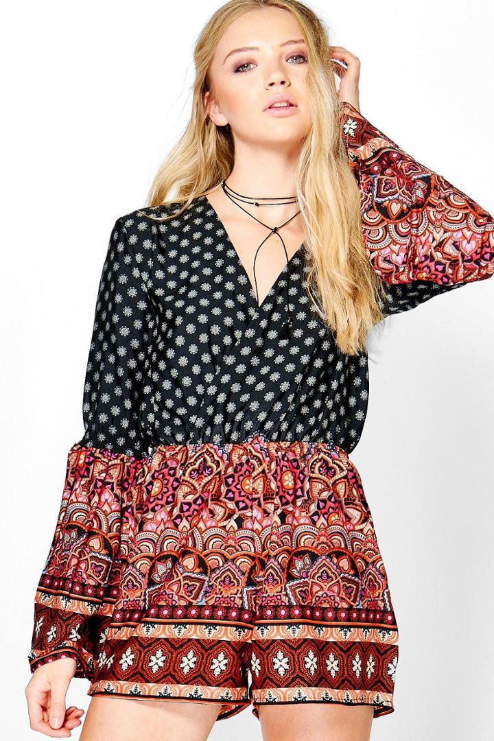 Boohoo Erin Deep Plunge Flare Print Playsuit Black