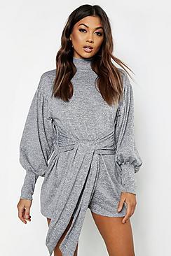 Boohoo Cut & Sew Roll Neck Tie Waist Playsuit