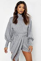 Boohoo Cut & Sew Roll Neck Tie Waist Playsuit