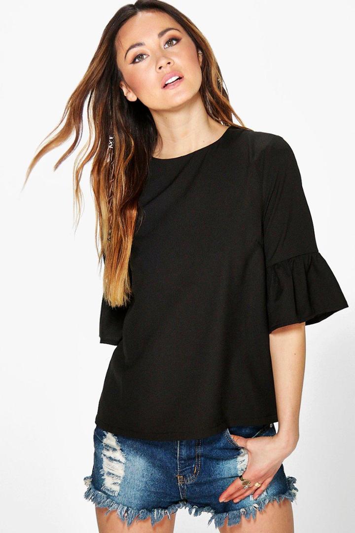 Boohoo Sally Frill Sleeve Woven Shell Top Black