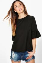 Boohoo Sally Frill Sleeve Woven Shell Top Black