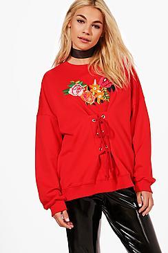 Boohoo Jennie Premium Embroidered Lace Up Sweat