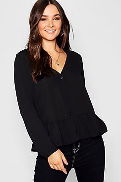 Boohoo Button Through Frill Sleeve Top