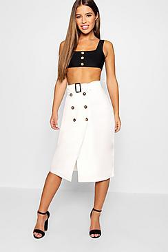 Boohoo Petite Belted Mock Horn Button Midi Skirt