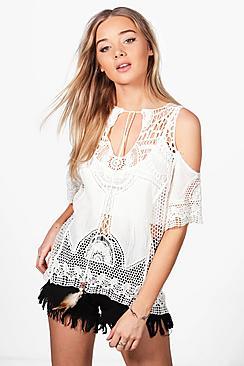 Boohoo Melissa Feather Tie Cold Shoulder Crochet Top