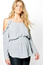 Boohoo Plus Laura Open Shoulder Frill Detail Blouse Grey