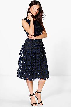 Boohoo Sandi Embroidered Floral Midi Skater Dress