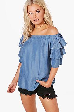 Boohoo Katie Ruffle Denim Off The Shoulder Top