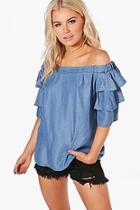 Boohoo Katie Ruffle Denim Off The Shoulder Top