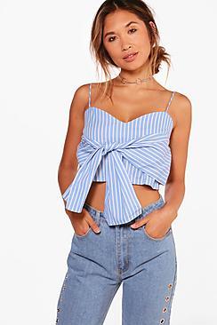 Boohoo Fiona Stripe Tie Front Woven Crop