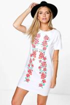 Boohoo Mila Printed Embroidered Shift Dress White