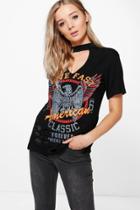 Boohoo Erin Printed Choker Neck Distressed T-shirt Black