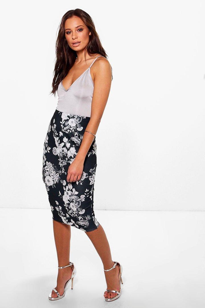 Boohoo Gianna Monochrome Floral Midi Skirt Black
