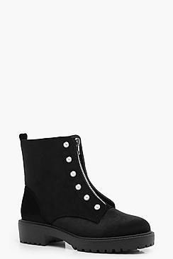 Boohoo Zabrina Zip Front Pearl Trim Biker Boots