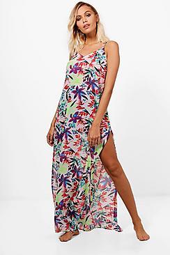 Boohoo Beatrice Neon Leaf Maxi Beach Dress