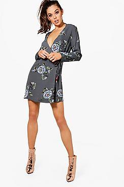 Boohoo Floral Print Tie Side Wrap Shift Dress