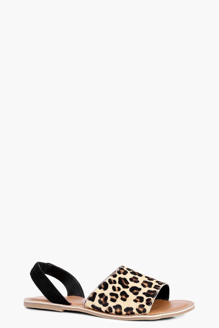 Boohoo Heidi Leather Hair Two Part Peeptoe Sandal Leopard