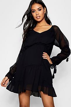 Boohoo Jayda Chiffon Drawstring Tassel Smock Dress