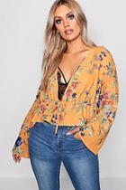 Boohoo Plus Floral Print Split Sleeve Plunge Top