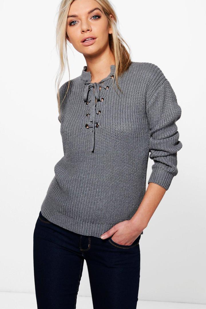 Boohoo Darcy Lace Front Detail Fisherman Jumper Slate