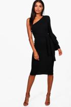 Boohoo Izzy One Shoulder Frill Tiered Midi Bodycon Dress Black