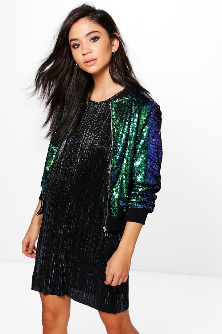 Boohoo Boutique Maya Sequin Bomber Jacket With Varsity Rib Multi