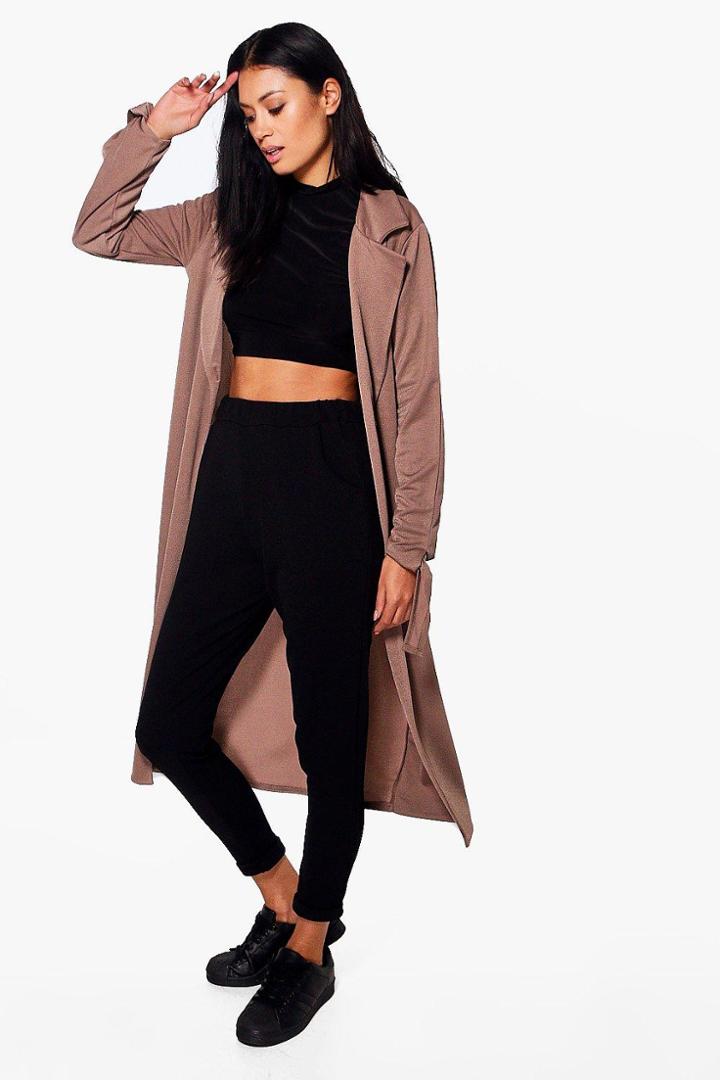 Boohoo Amelie Tie Cuff Longline Duster Mocha