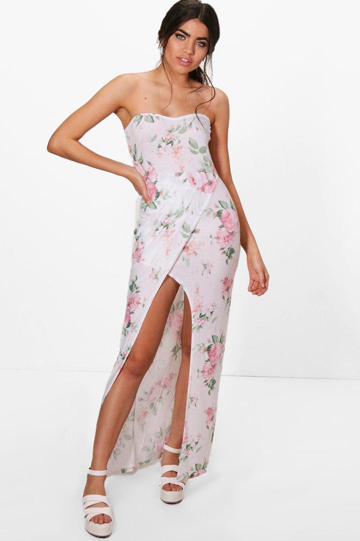 Boohoo Frankie Floral Bandeau Wrap Maxi Dress Ivory