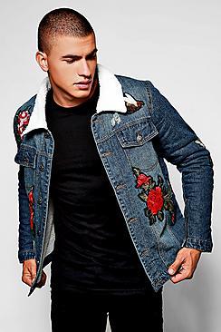 Boohoo Fully Borg Lined Denim Jacket With Badges