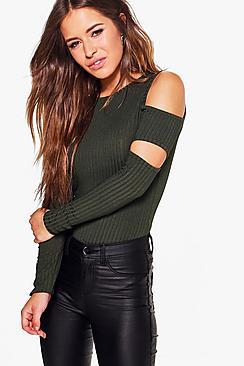 Boohoo Petite Paige Cut Out Sleeve Rib Knit Jumper