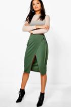 Boohoo Kellie Pocket Front O Ring Belted Midi Skirt Khaki