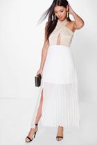 Boohoo Layla Cross Over Top Detail Pleated Maxi Dress Stone