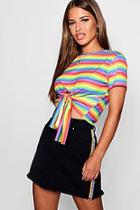 Boohoo Petite Rebecca Rainbow Stripe Knot Front T-shirt