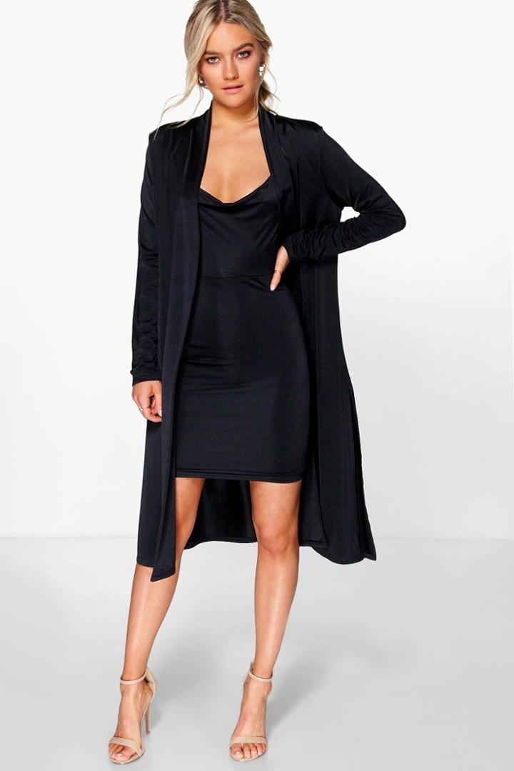 Boohoo Darla Slinky Cowl Neck Dress & Duster Co-ord Set Black
