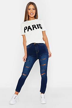 Boohoo Petite Mid Wash Slashed Rip Jeans