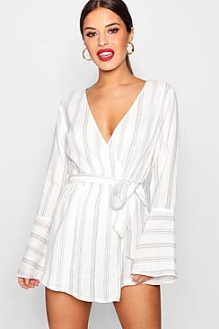 Boohoo Petite Paige Stripe Woven Wrap Playsuit