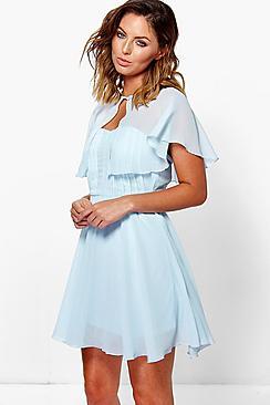 Boohoo Umeko Chiffon Bandeau Skater Dress With Cape