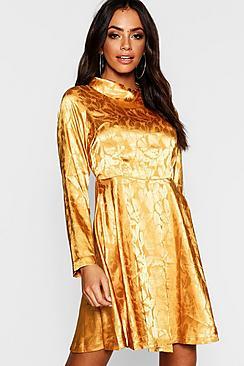 Boohoo Jacquard Satin High Neck Skater Dress