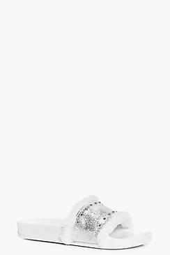 Boohoo Amber Fur And Stud Trim Slider