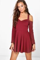 Boohoo Verena Open Shoulder Skater Dress Berry