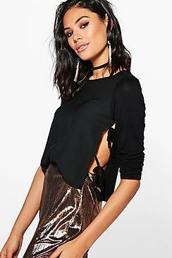 Boohoo Frankie Lace Up Side Satin Long Sleeve Top
