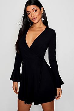 Boohoo Tie Waist Frill Sleeve Skater