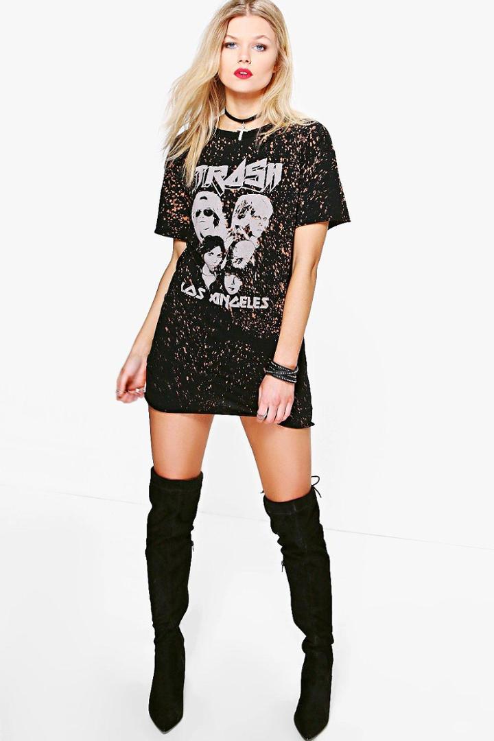 Boohoo Petite Lulu Bleach Wash Printed T-shirt Dress Black