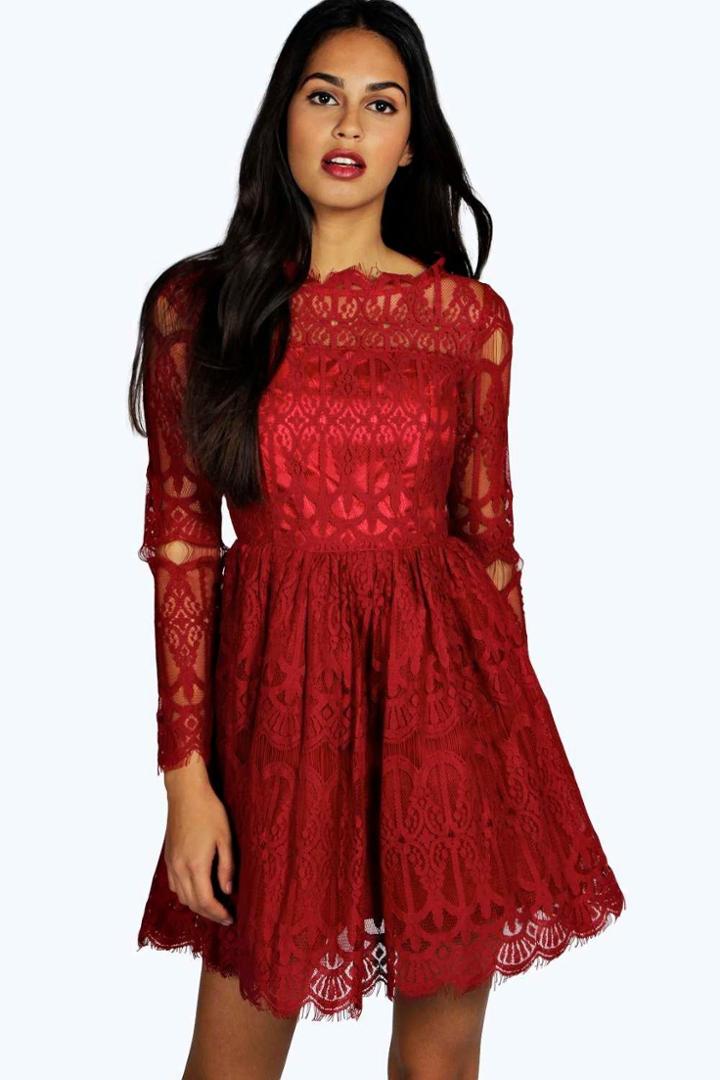 Boohoo Boutique Zita Bardot Long Sleeve Skater Dress Red