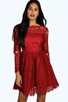 Boohoo Boutique Zita Bardot Long Sleeve Skater Dress Red